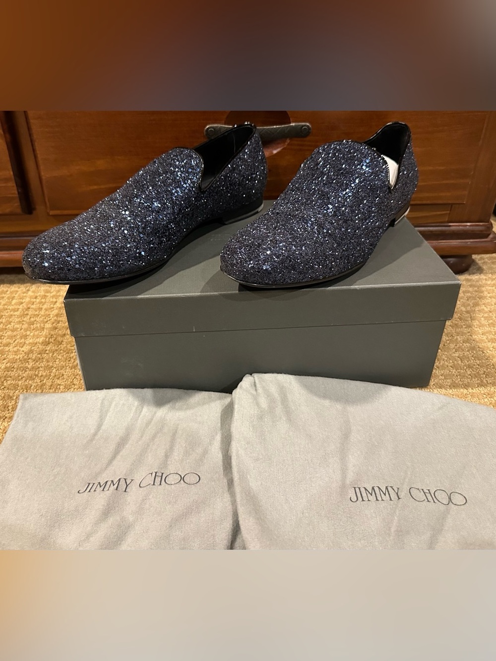 Jimmy Choo Men’s Navy Glitter Slip-On Loafers 12M